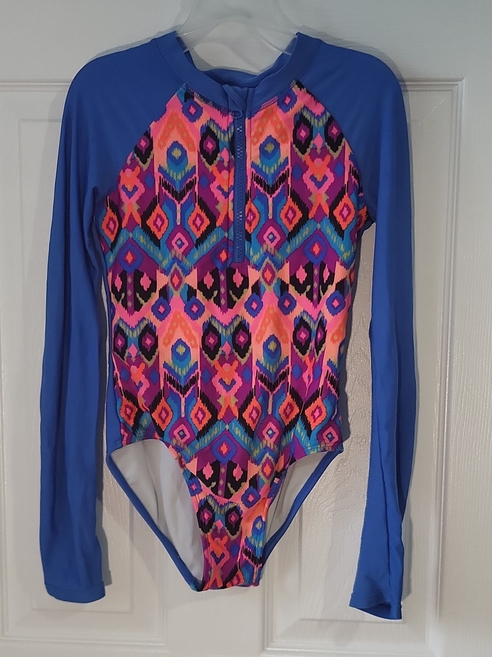 Kids Long Sleeve One-Piece Rash Guard Swimsuit - Bright Multi/Blue